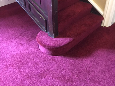 Red carpeted stairs and hallway